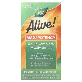 Alive!® Max3 Potency, Adult Complete Multivitamin, No Added Iron, 90 Tablets