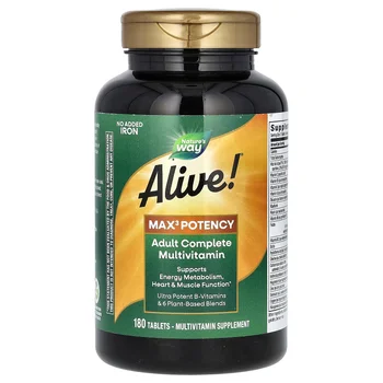 Alive! Max3 Potency, Adult Complete Multivitamin, No Added Iron, 180 Tablets