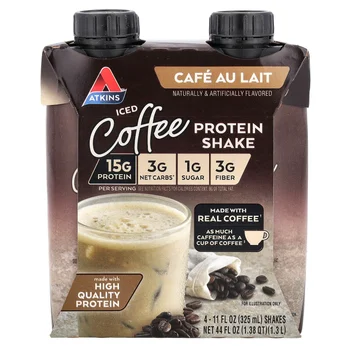 Iced Coffee Protein Shake, Cafe Au Lait, 4 Shakes, 11 fl oz (325 ml) Each