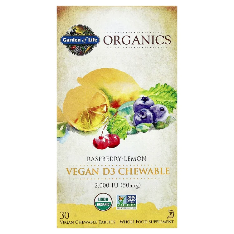 Organics, Vegan D3 Chewable, Raspberry-Lemon, 30 Vegan Chewable Tablets image 1