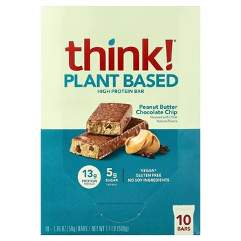 Plant Based High Protein Bars, Peanut Butter Chocolate Chip, 10 Bars, 1.76 oz (50 g) Each