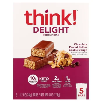 Delight Protein Bar, Chocolate Peanut Butter Cookie Dough, 5 Bars, 1.2 oz (34 g) Each