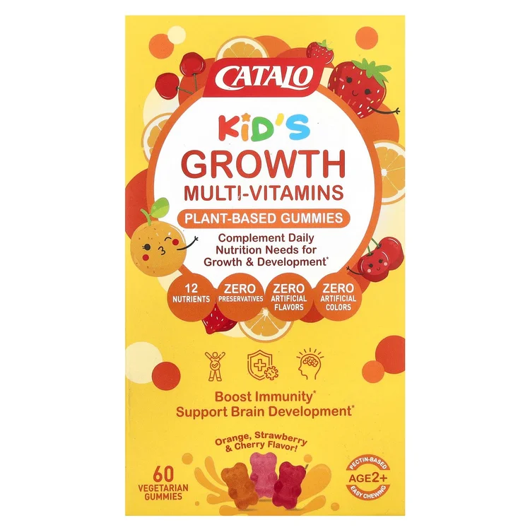 Kids Growth Multi-Vitamins, Plant Based Gummies, Age 2+, Orange, Strawberry & Cherry, 60 Vegetarian Gummies image 1