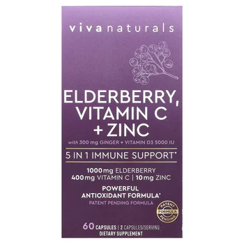 Elderberry, Vitamin C + Zinc with Ginger + Vitamin D3, 60 Capsules