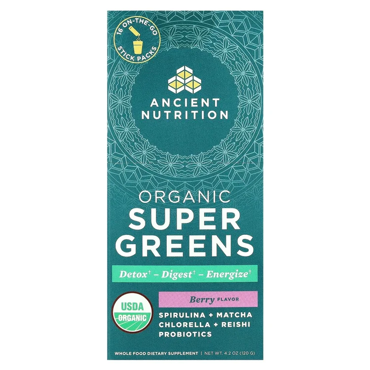 Organic Super Greens, Berry, 16 On-The-Go Stick Packs, 0.3 oz (7.5 g) Each image 1