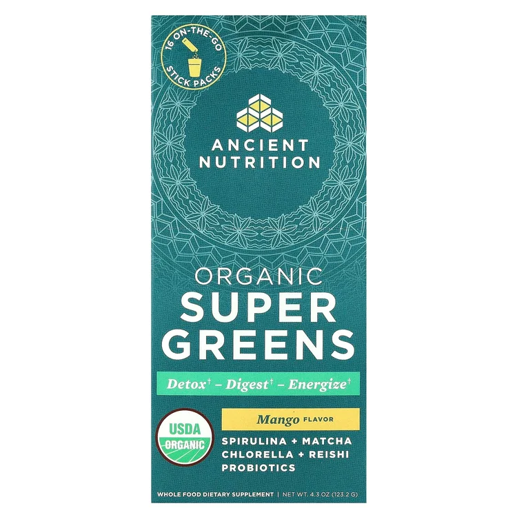 Organic Super Greens, Mango, 16 On-The-Go Stick Packs, 0.3 oz (7.7 g) Each image 1