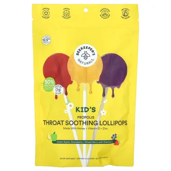 Kids Propolis Throat Soothing Lollipops, Green Apple, Strawberry + Mixed Berry with Elderberry, 15 Lollipops