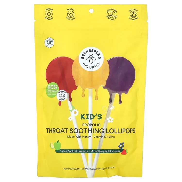Kids Propolis Throat Soothing Lollipops, Green Apple, Strawberry + Mixed Berry with Elderberry, 15 Lollipops image 1