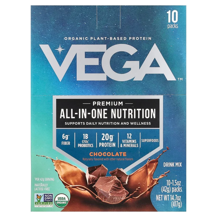 Organic Plant-Based Protein, Premium All-In-One Nutrition, Chocolate, 10 Packs, 1.5 oz (42 g) Each image 1