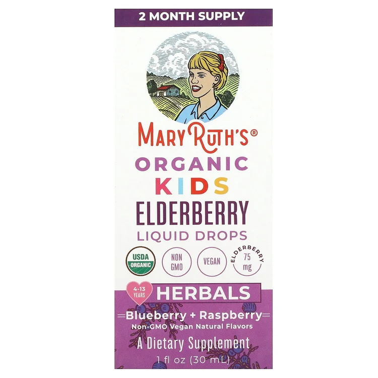 Organic Kids Elderberry Liquid Drops, 4-13 Years, Blueberry + Raspberry, 75 mg, 1 fl oz (30 ml) image 1