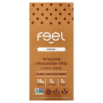 Focus, Plant Protein Bars, Brownie Chocolate Chip + Lions Mane, 10 Bars, 2 oz (57 g) Each
